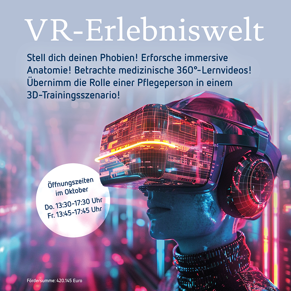 Nutzerin mit VR Brille und den aktuellen Öffnungszeiten