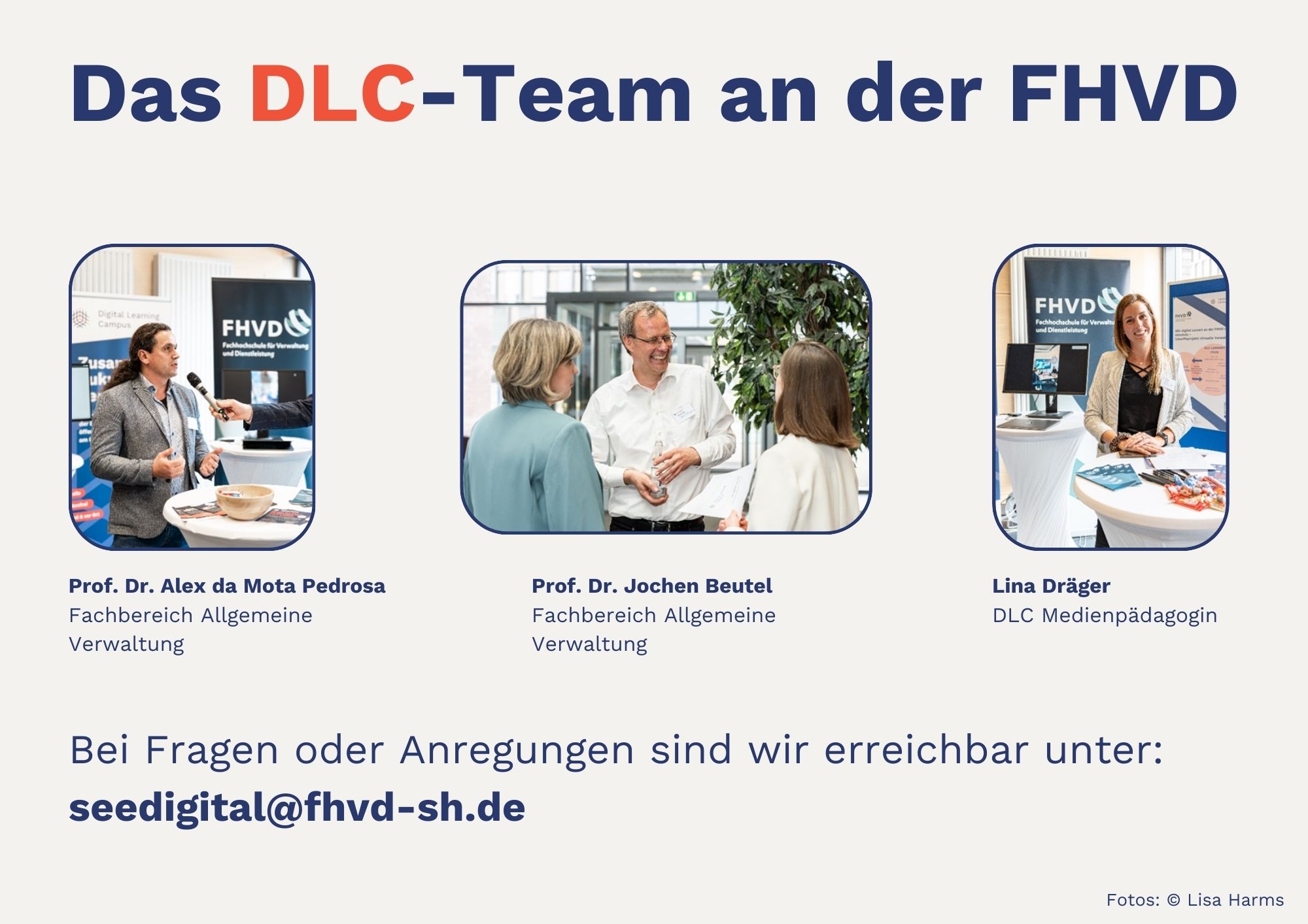 Die Kontaktpersonen werden vorgestellt, dazu gehören Alex Pedrosa, Jochen Beutel und Lina Dräger. Die Kontakt Adresse lautet seedigital@fhvd-sh.de 