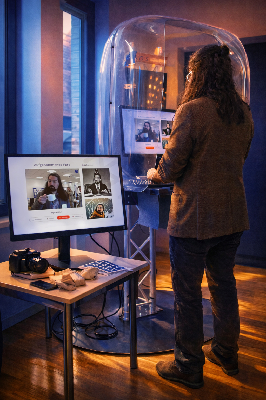Person interagiert mit einer KI-Fotostation: Eine transparente Kabine und ein Monitor zeigen KI-generierte Porträts in verschiedenen Stilen.