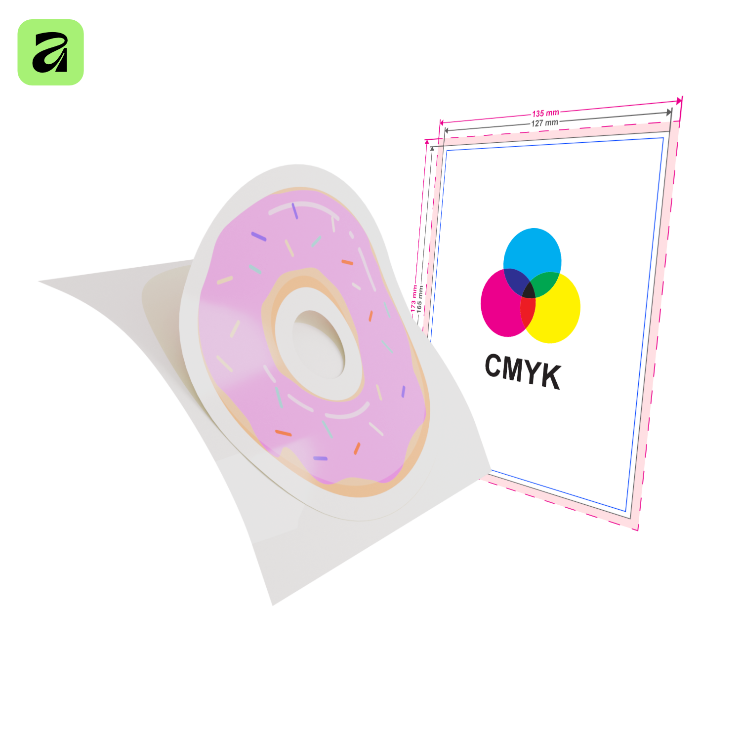 Ein Donut Sticker mit eigener Schnittkontur und ein Druckdatenblatt