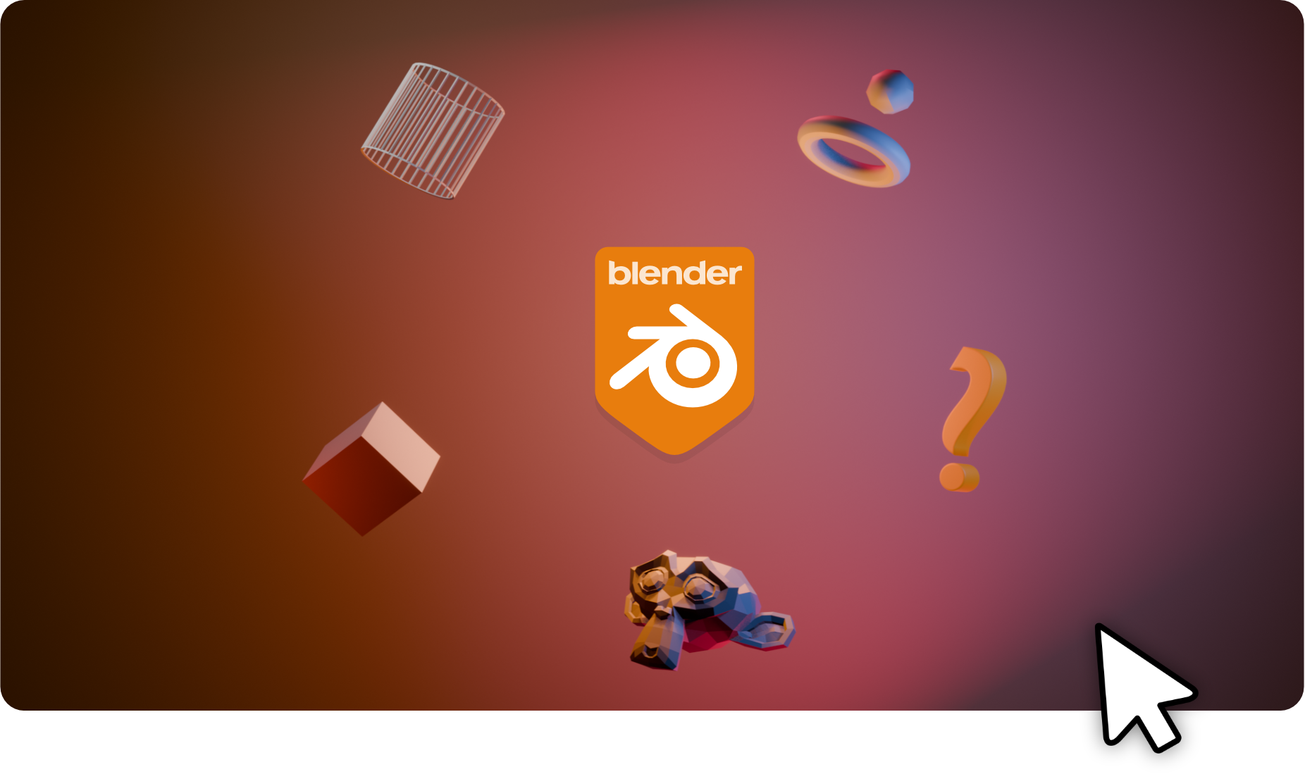 Blender Logo umgeben von 3D Modelle. Zylinder, Würfel, Fragezeichen, Affenkopf, Donut und Kugel